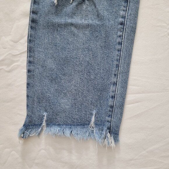SO High Rise Baggy Straight Jeans Distressed Ripped Raw Hem Medium Wash Denim 5 - Picture 6 of 13